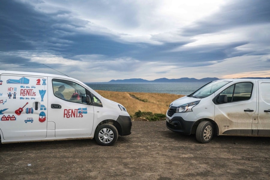 Camper vans meeting on the roads of Iceland