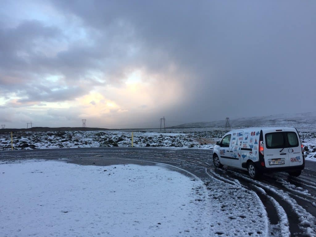 Driving a camper van in the snow in Iceland