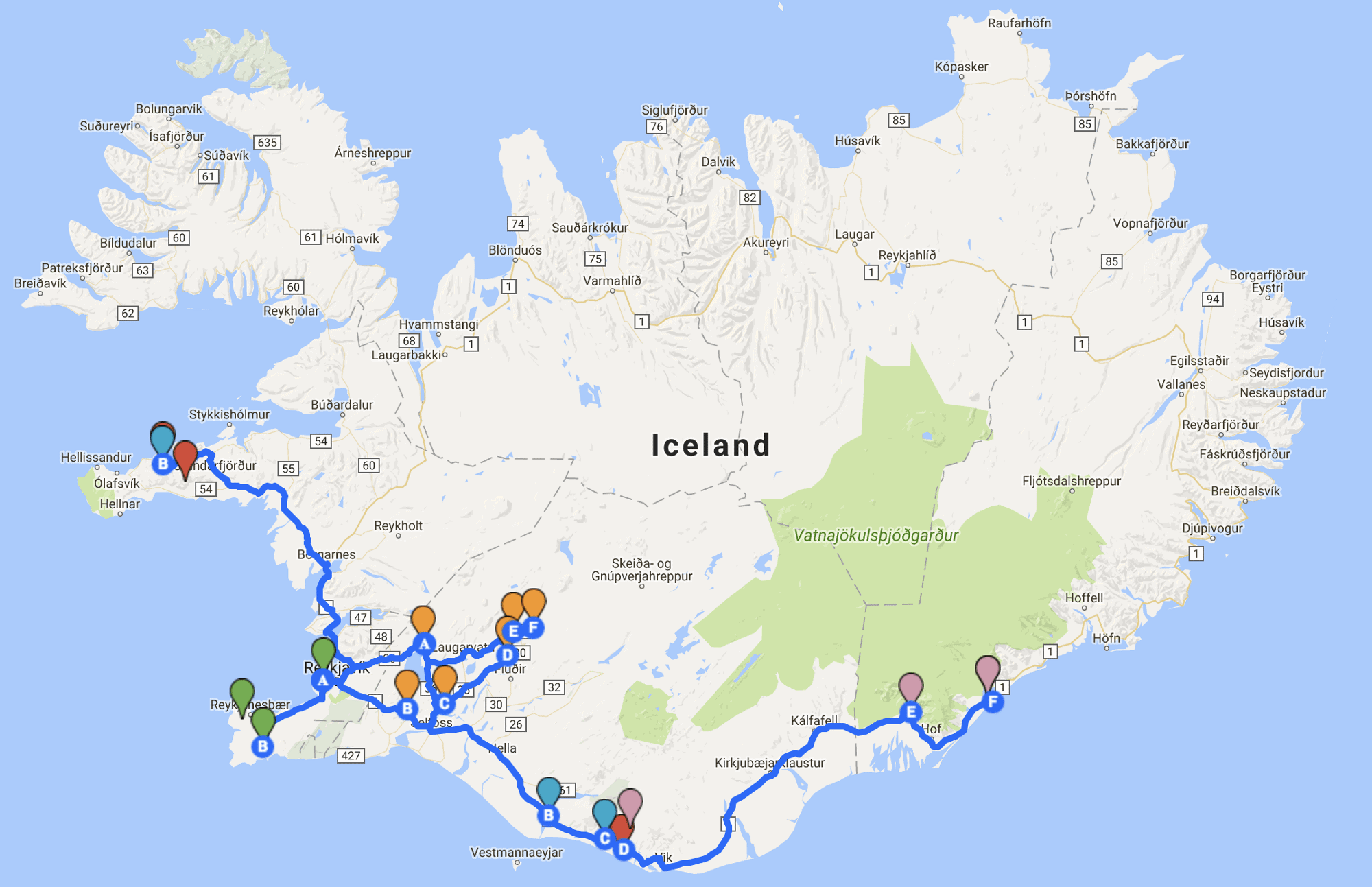 Roadtrip map for southwest Iceland
