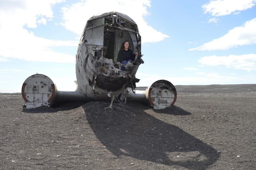 The crashed airplane on a black sand beach in Iceland