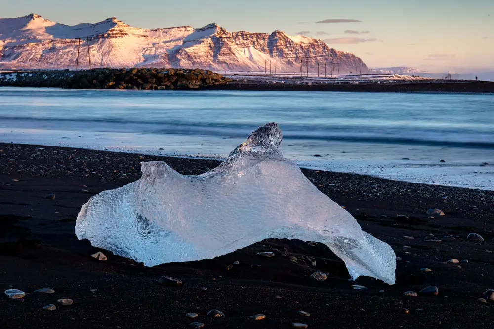 Héraðssandar. Looking south from road nr: 917 Iceberg on Diamond black sand beach in Iceland