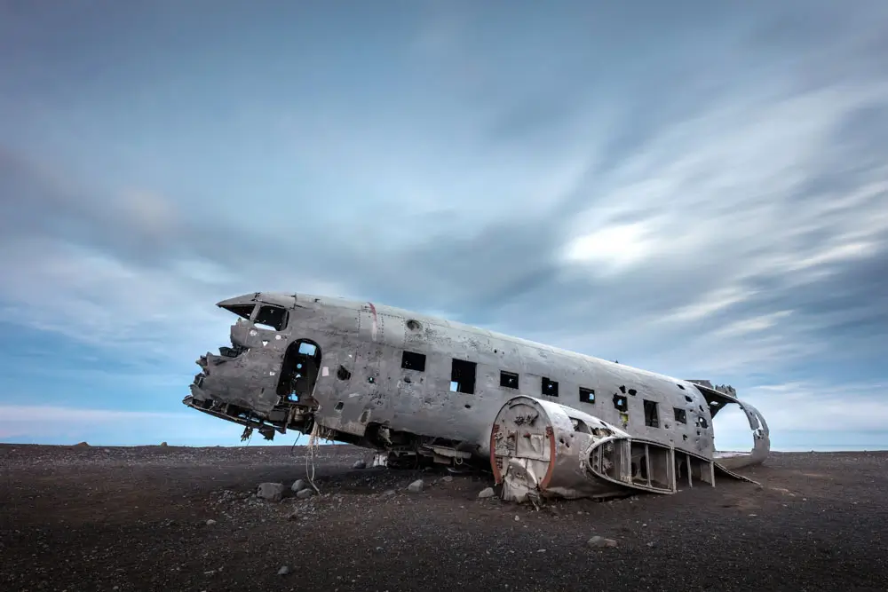 On road nr:94 in east Iceland, driving north Plane wreck on Sólheimasandur black sand beach