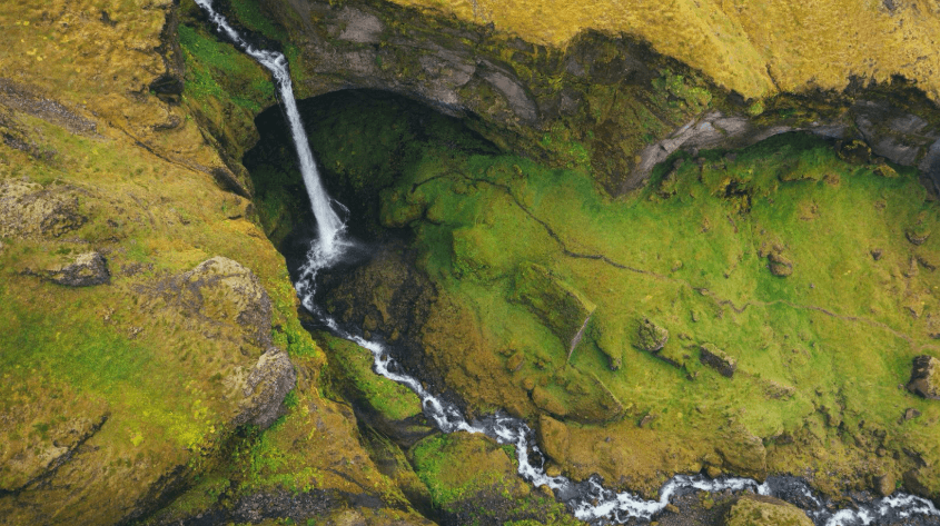 Waterfall in Thorsmork in Iceland’s Highlands.
