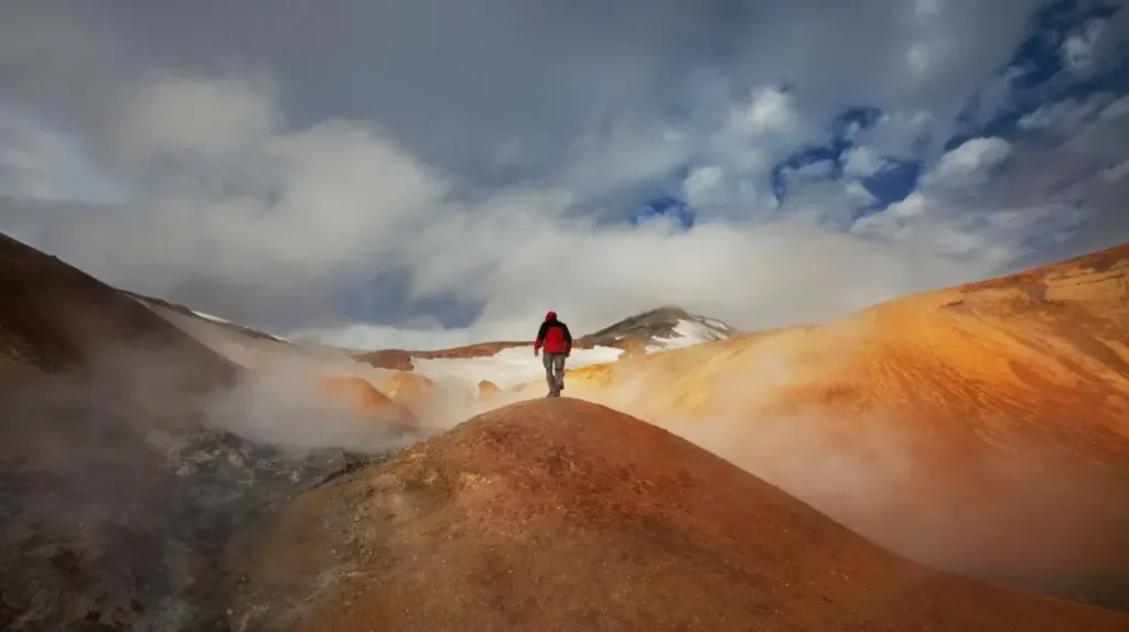 Person hiking in Landmannalaugar, Iceland.
