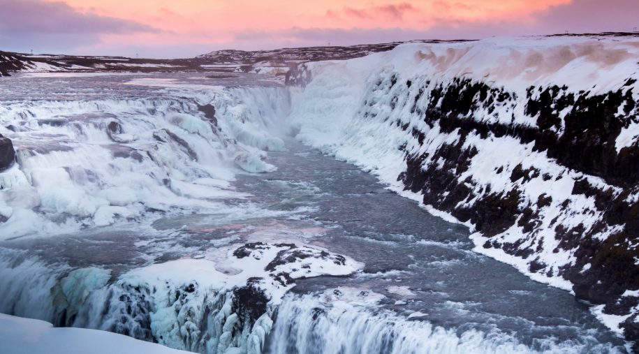 Gulfoss waterfall in winter.