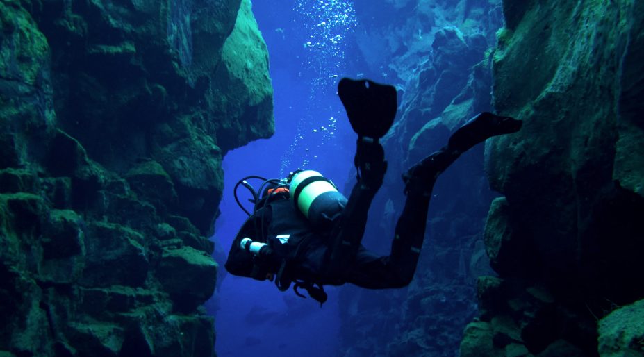 Scuba diving in Silfra Fissure, Iceland. 