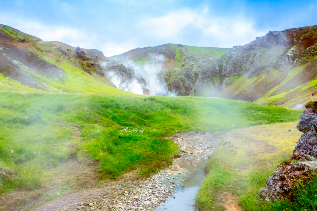 Steam rising over Reykjadalur Hot River