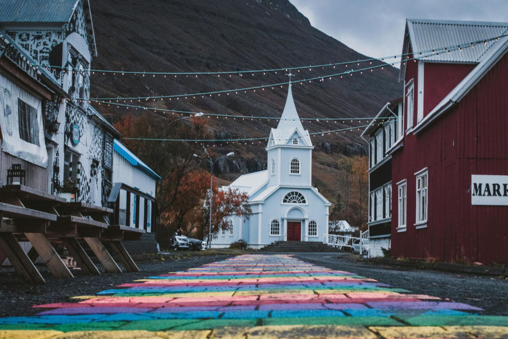 Seyðisfjörður church and colorful street in Iceland