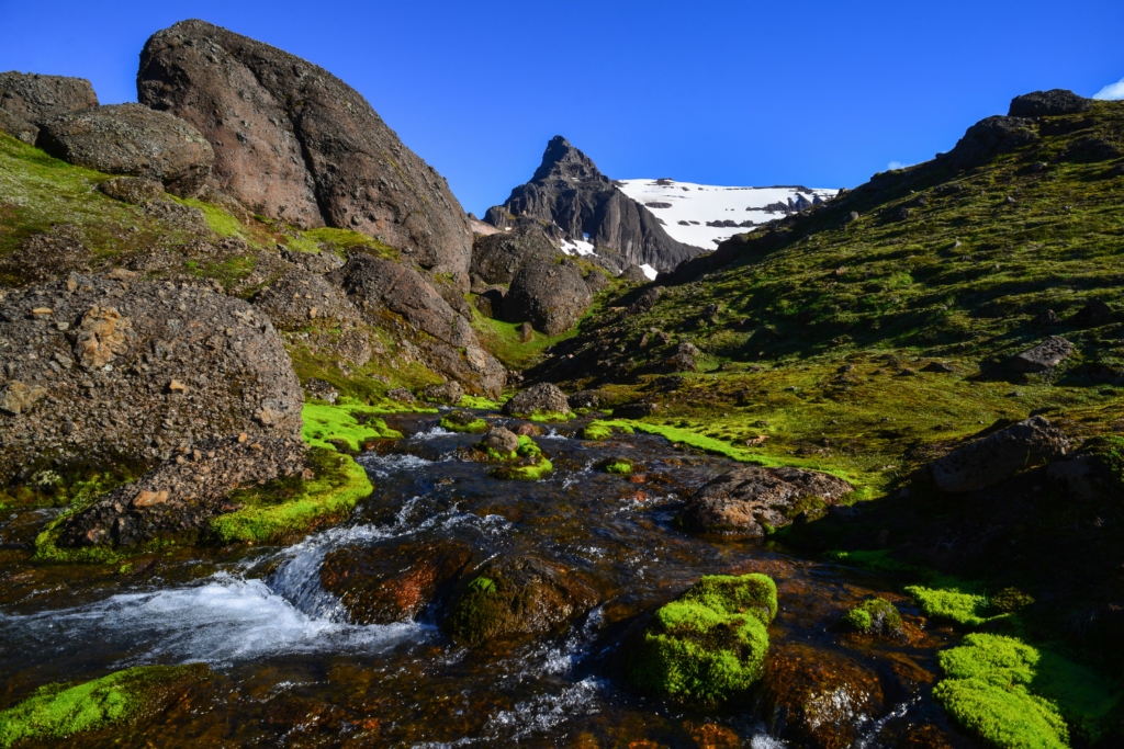Stórurð in Iceland on a sunny, clear day