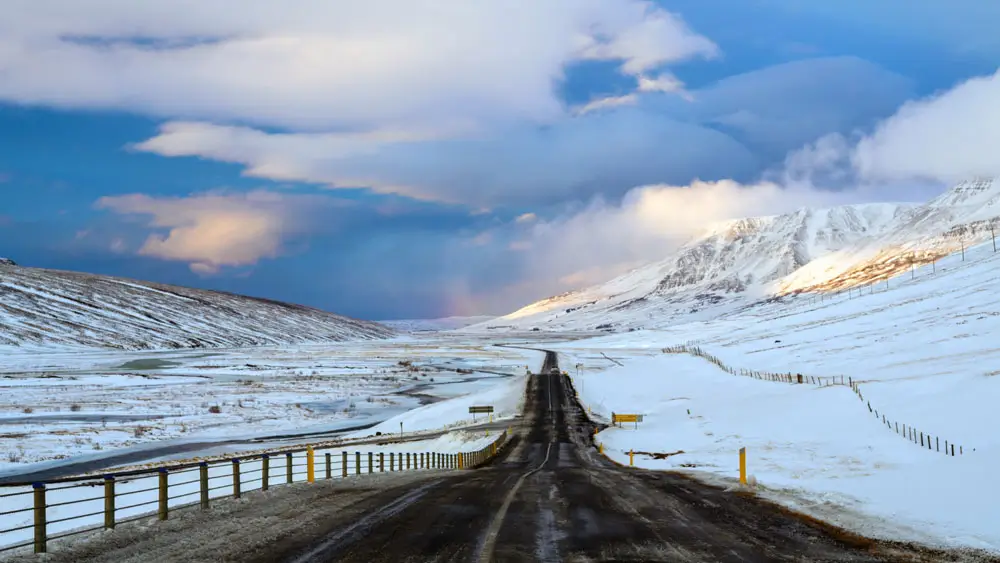 The Ring Road in Iceland, surrounded by snow.