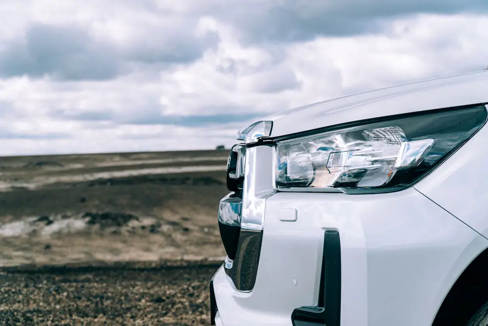 The front of a Toyota Hilux bumper, a popular vehicle for a self-drive tour of Iceland