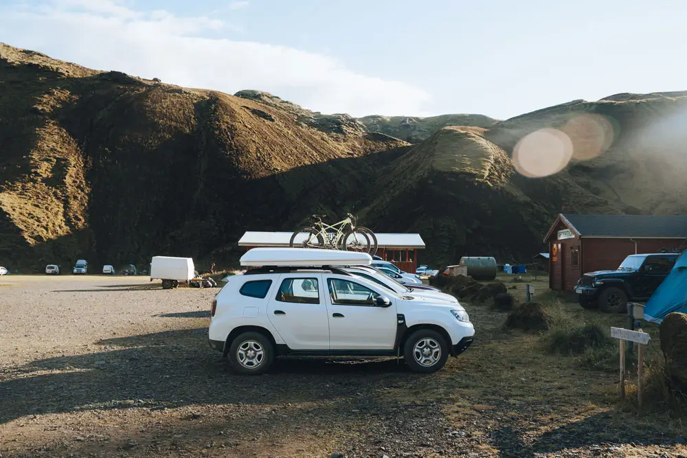 A Dacia Duster parked in a campsite on a self-drive tour of Iceland