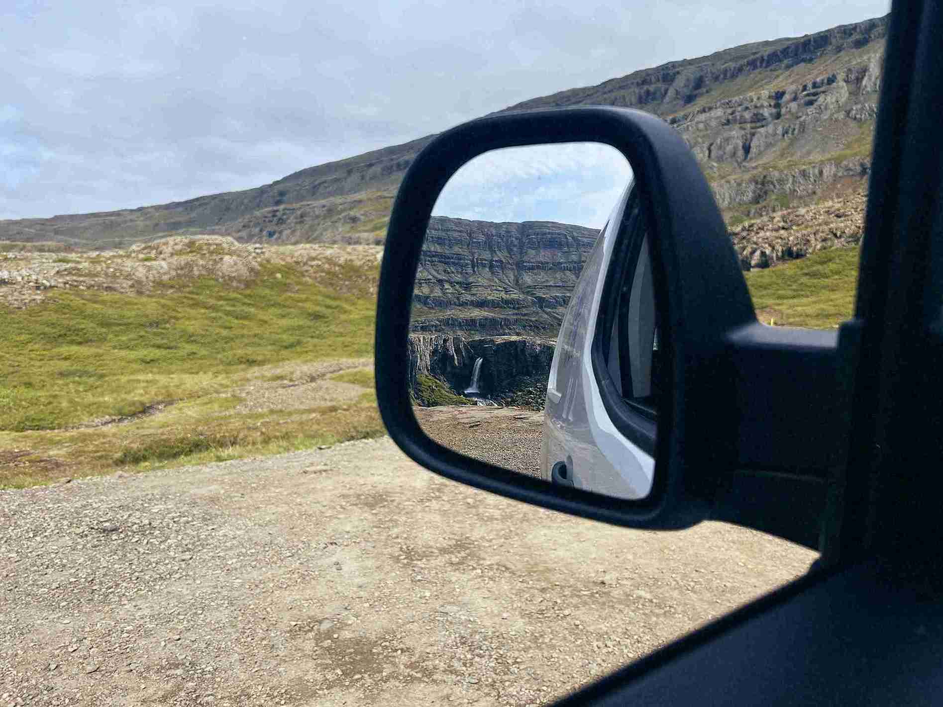 Fiat Doblo rearview mirror showing waterfall