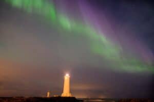 Akranes lighthouse under the Northern Lights