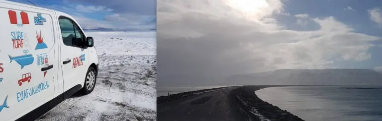 rent.is camper parked in the snow and a road with clouds in the background