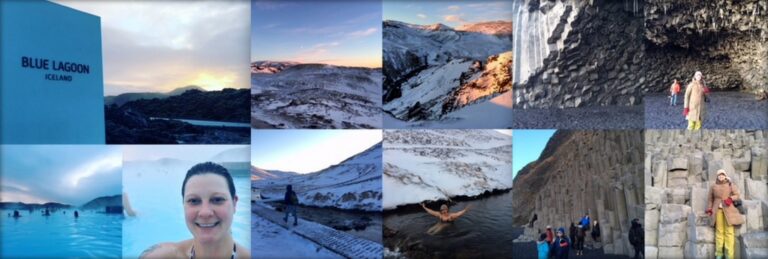 photo collage showing thw blue lagoon, snowy mountains
