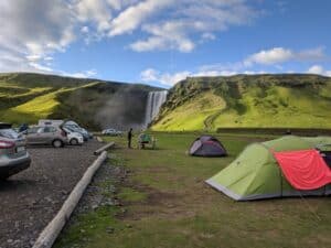 Camping by Skógafoss waterfall