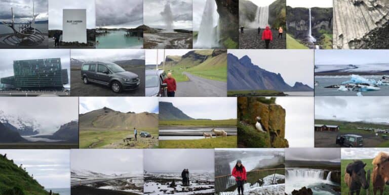 photo collage of people traveling all over Iceland