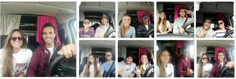 photo collage of a couple driving a campervan in Iceland