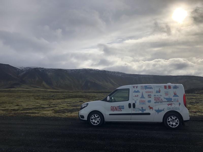 rent.is campervan drving , mountains, gravel road, traveling in Iceland