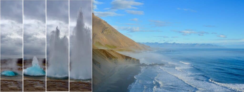 Geyser erupting, black sand beach and sea