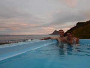 Morning dip in a hot pot in Strandir Morning dip in a hot pot in Strandir