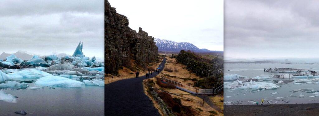 Jökulsárlón, walking path in Þingvellir, glacier