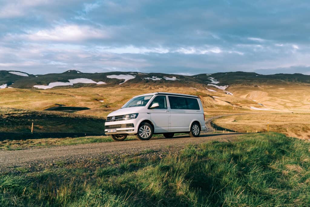 rent.is VW California 4×4 camper van driving Iceland road