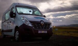 rent renault master 5 campervan with lights turned on inside