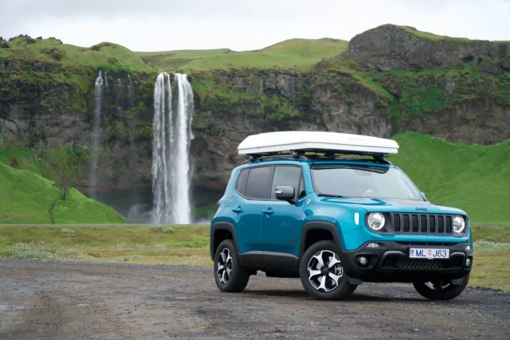 rent.is camper van jeep renagade with roof top tent waterfall in iceland