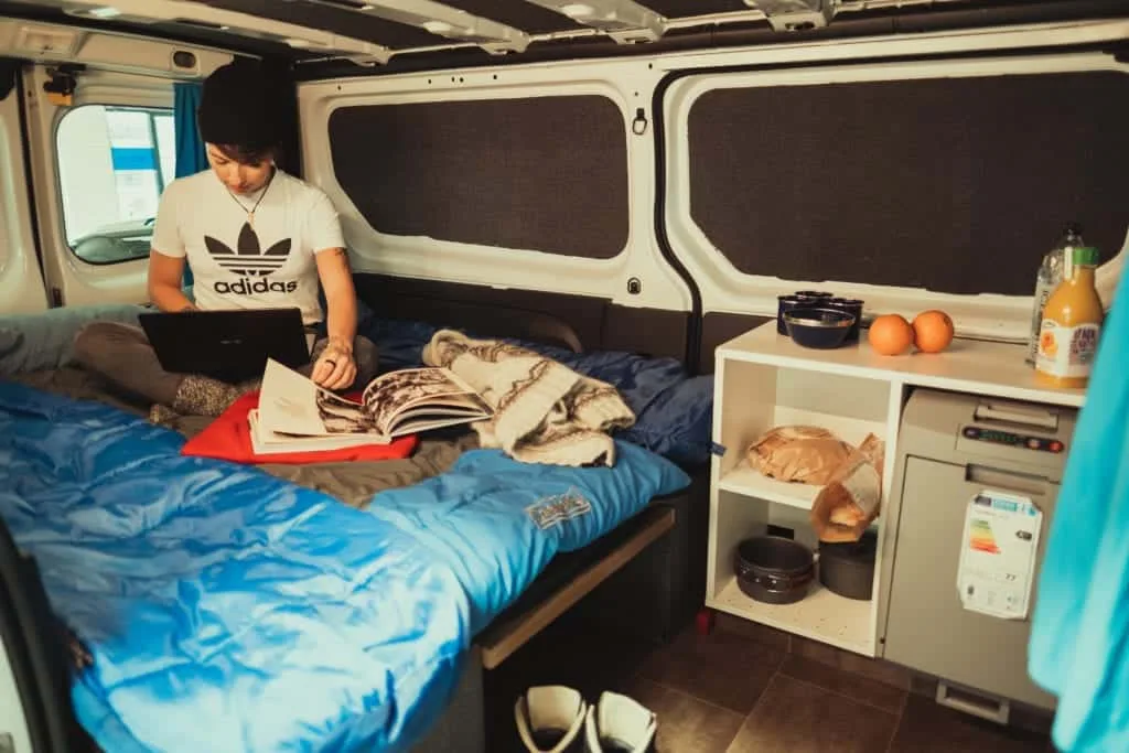 interior, bed, fridge rent.is camper van renault trafic