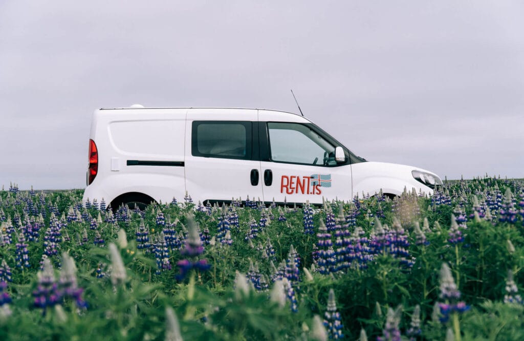 Rent.is camper van in a field of lupine flowers in Iceland.