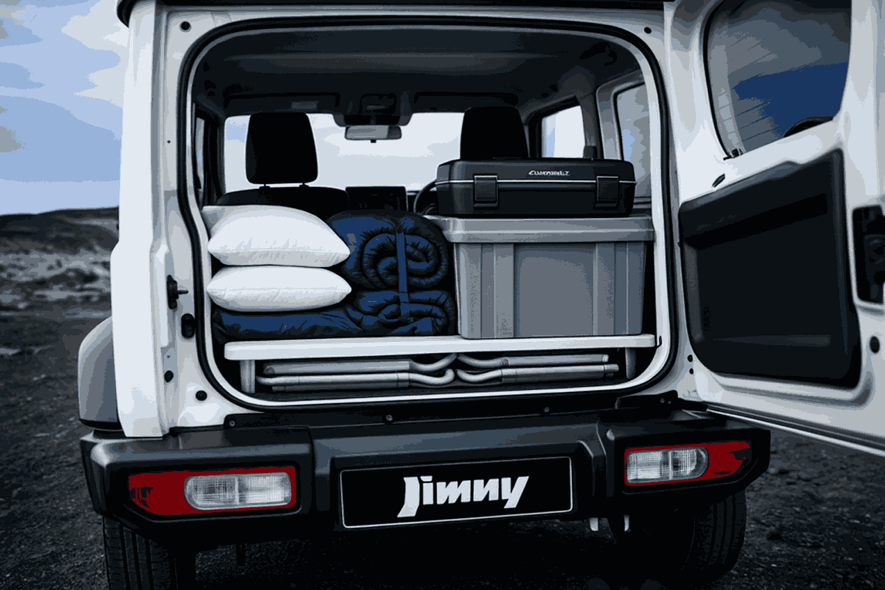 Suzuki Jimny AI image - Trunk open and camping supplies inside