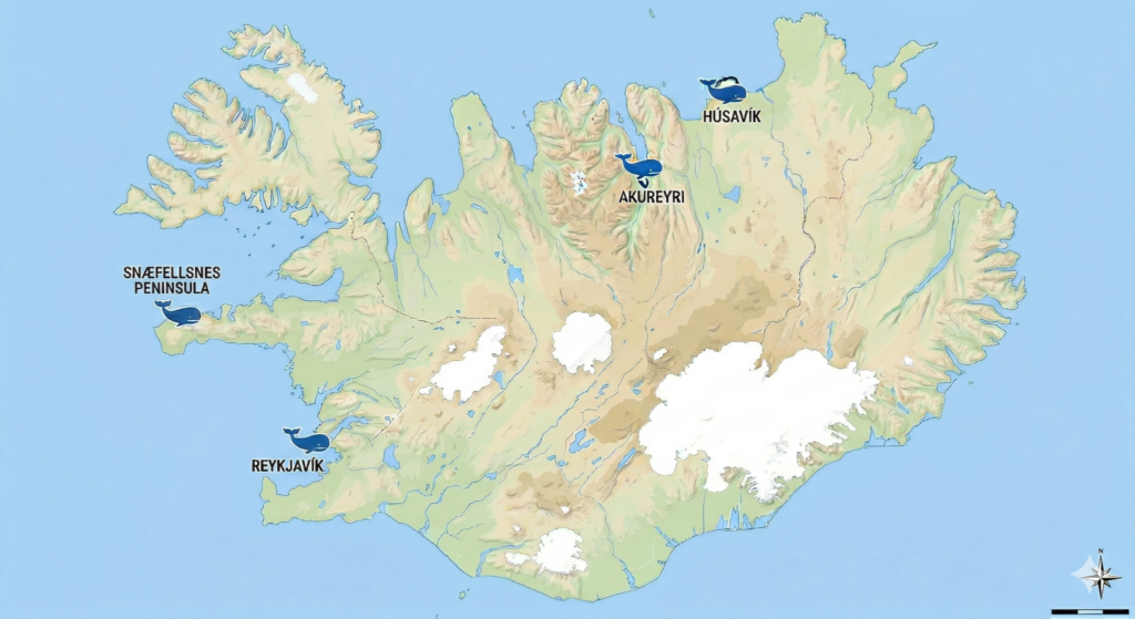 Map of whale watching locations in Iceland.