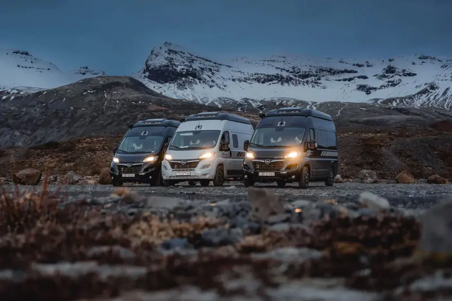 hree Crosscamps Lux 600 Motorhomes in Iceland with a snowy mountain in the backdrop.