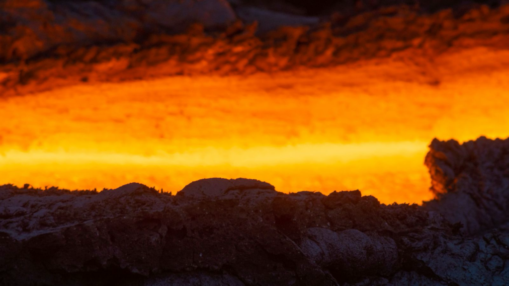 Up-close image of lava flowing at Grindavík in Iceland.