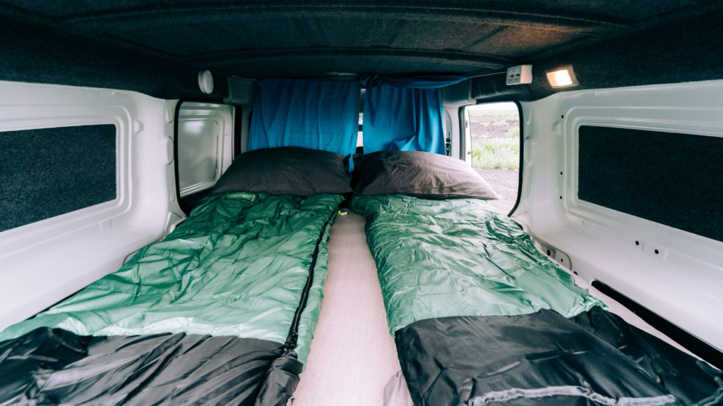 Interior sleeping area of a Renault campervan. 
