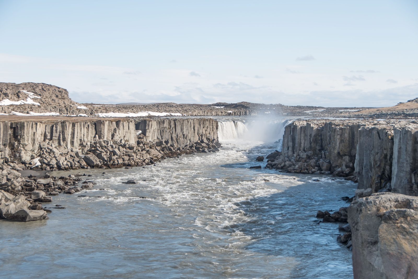 Selfoss waterfall pouring into the basalt canyon of Jökulsá á Fjöllum in North Iceland