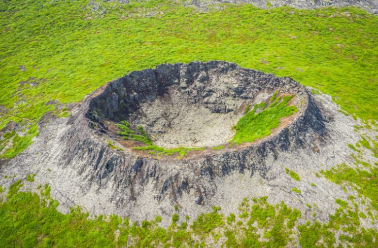 Aerial view of Eldborg Crater, Snæfellsnes Peninsula, Iceland