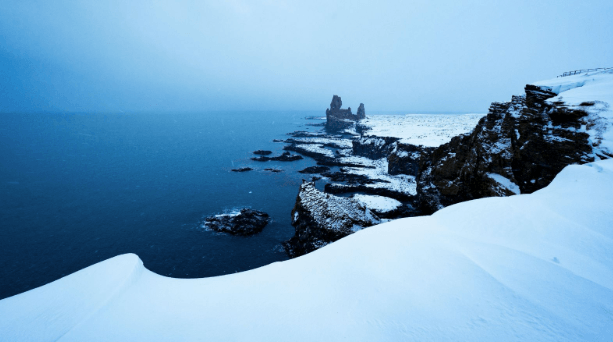 Snowy coastline in Iceland.