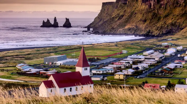 View of Vik, Iceland, looking onto the sea.