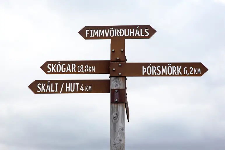 Road sign in Iceland showing distance to Þórsmörk and other surrounding areas