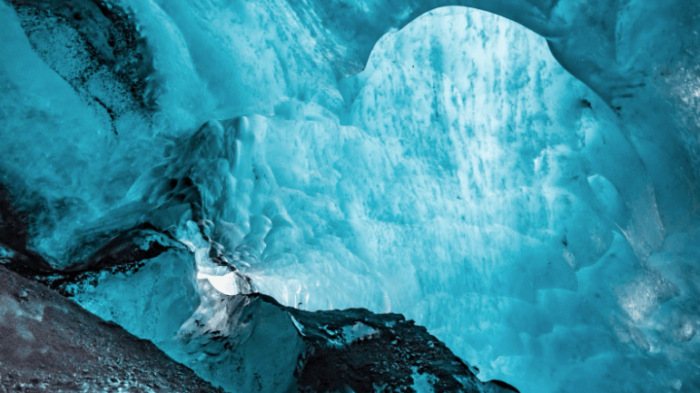 Bright blue ice in an Icelandic ice cave.