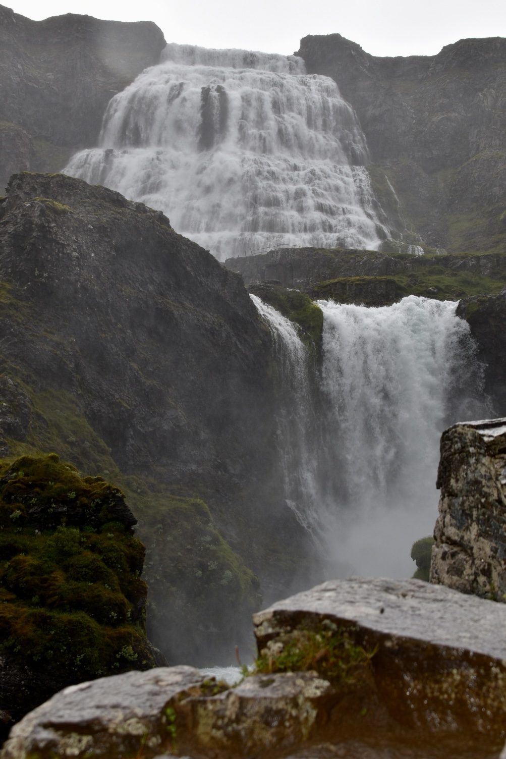 The tiered Dynjandi waterfall in mist on a Westfjords road trip