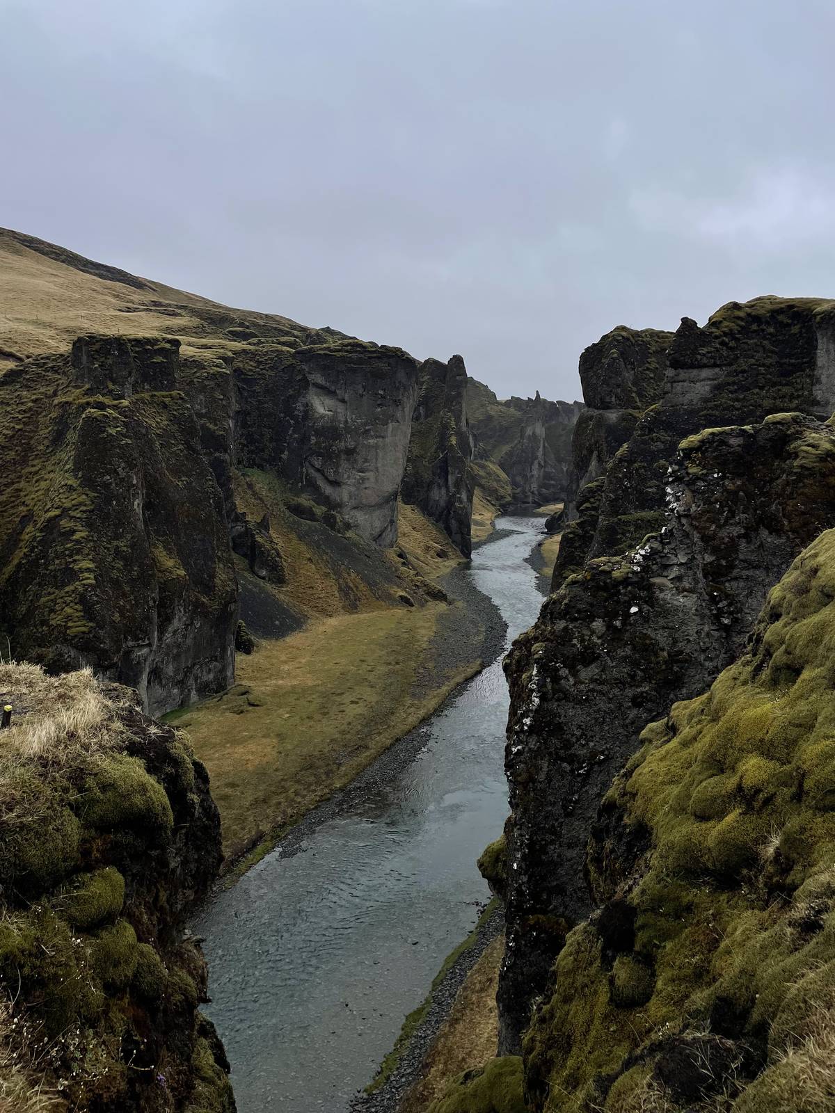 Mossy walls and winding river of Fjaðrárgljúfur canyon in South Iceland