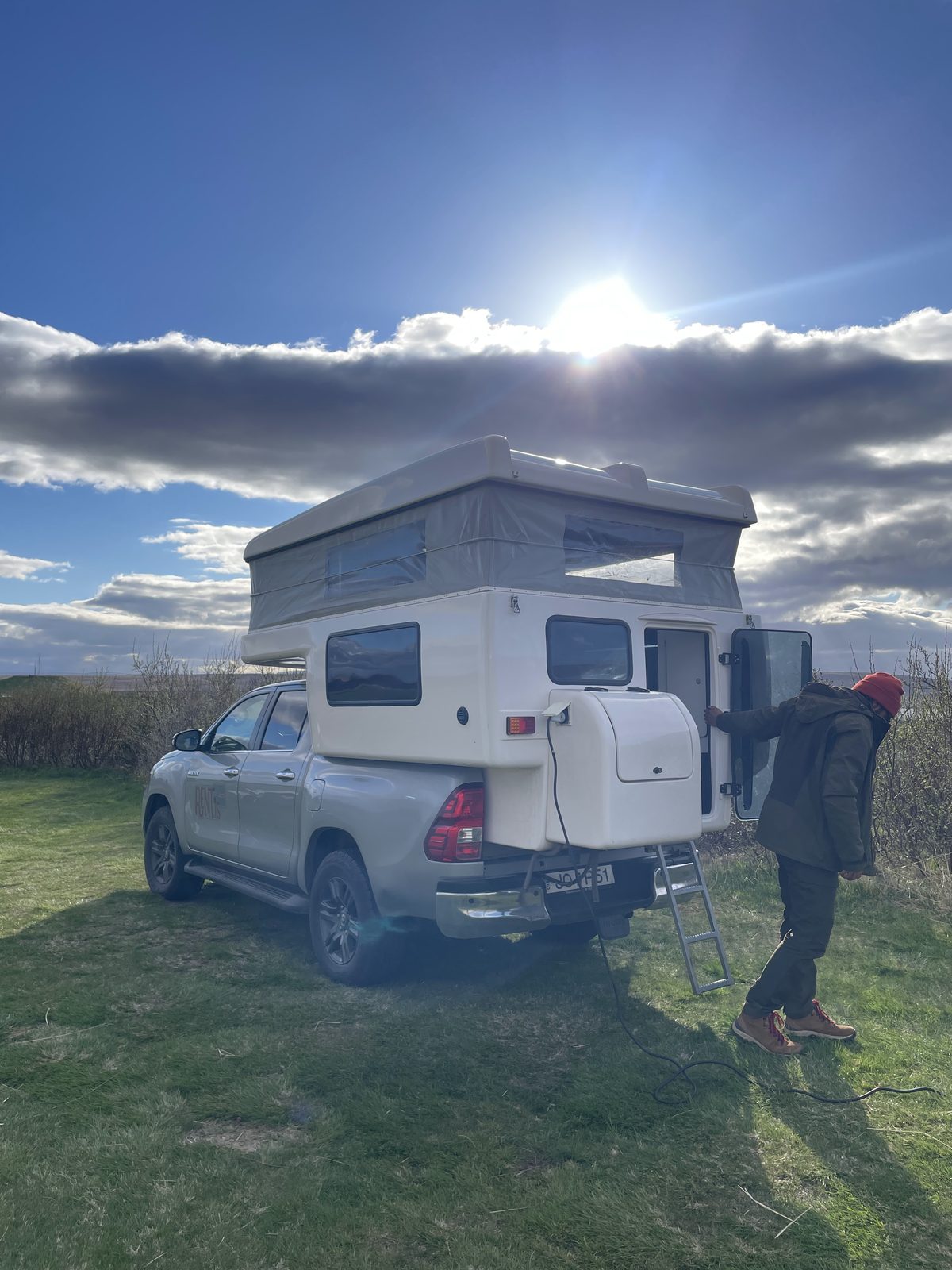 Packing up the Hilux camper at the Hvammstangi campsite in North West Iceland