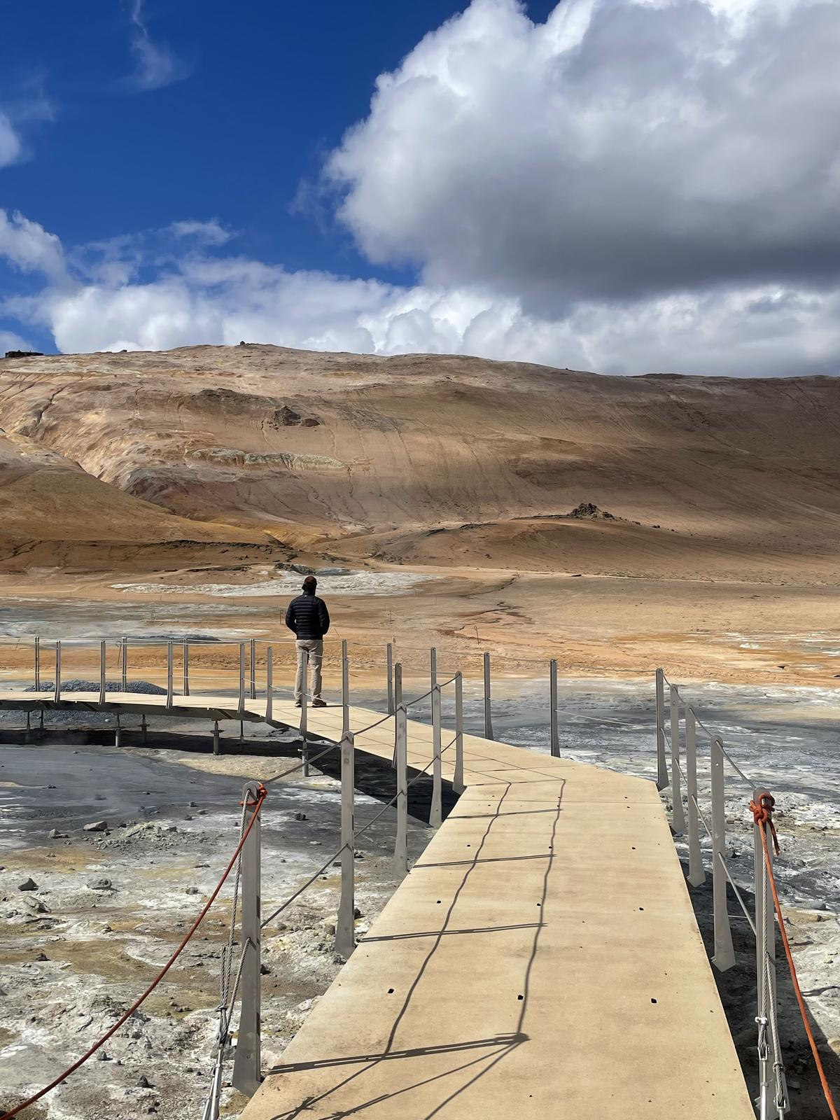 Boardwalk across the orange geothermal ground at Hverir near Mývatn