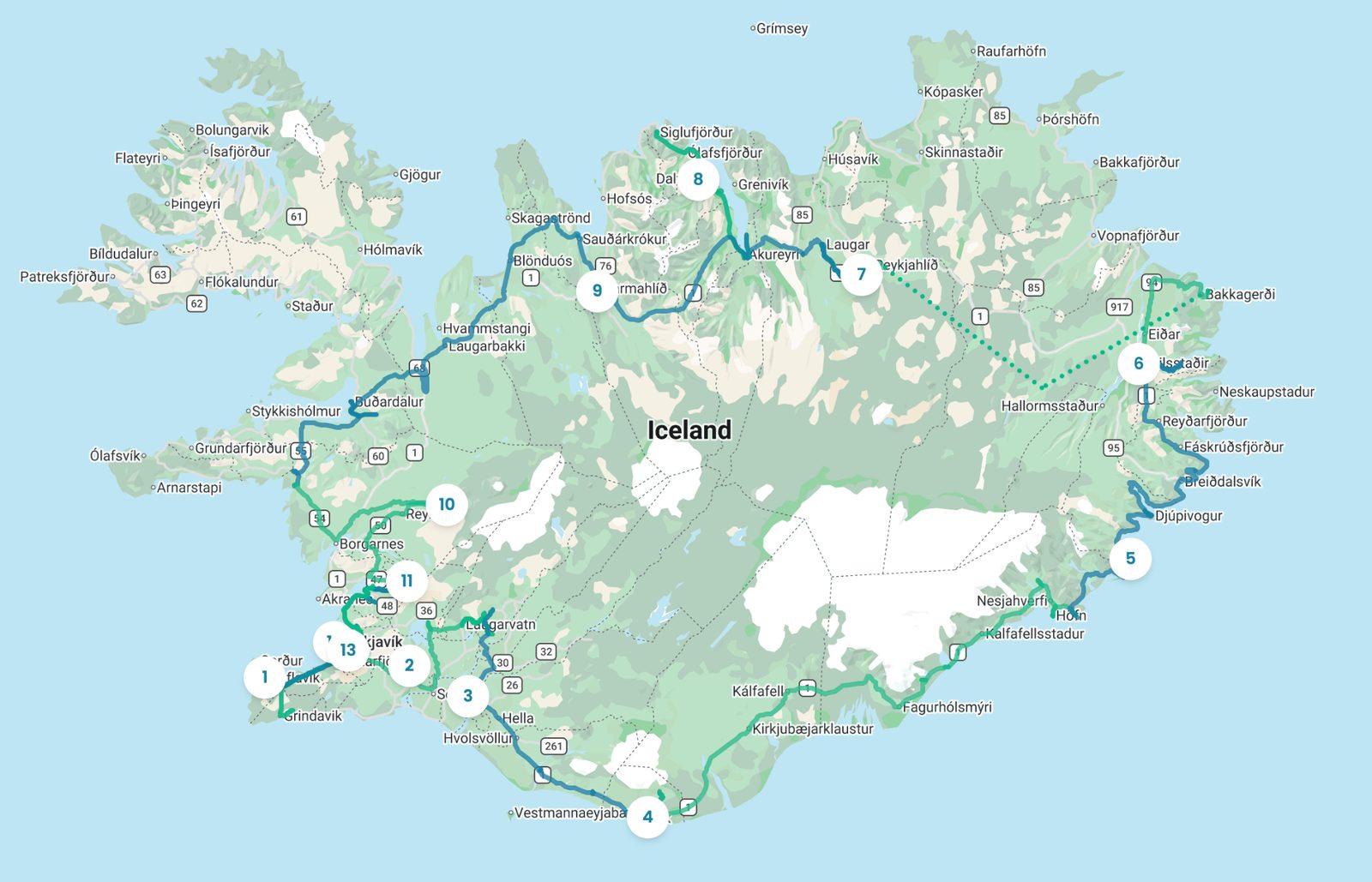 Map of our 11-day anticlockwise Ring Road route around Iceland by campervan with kids