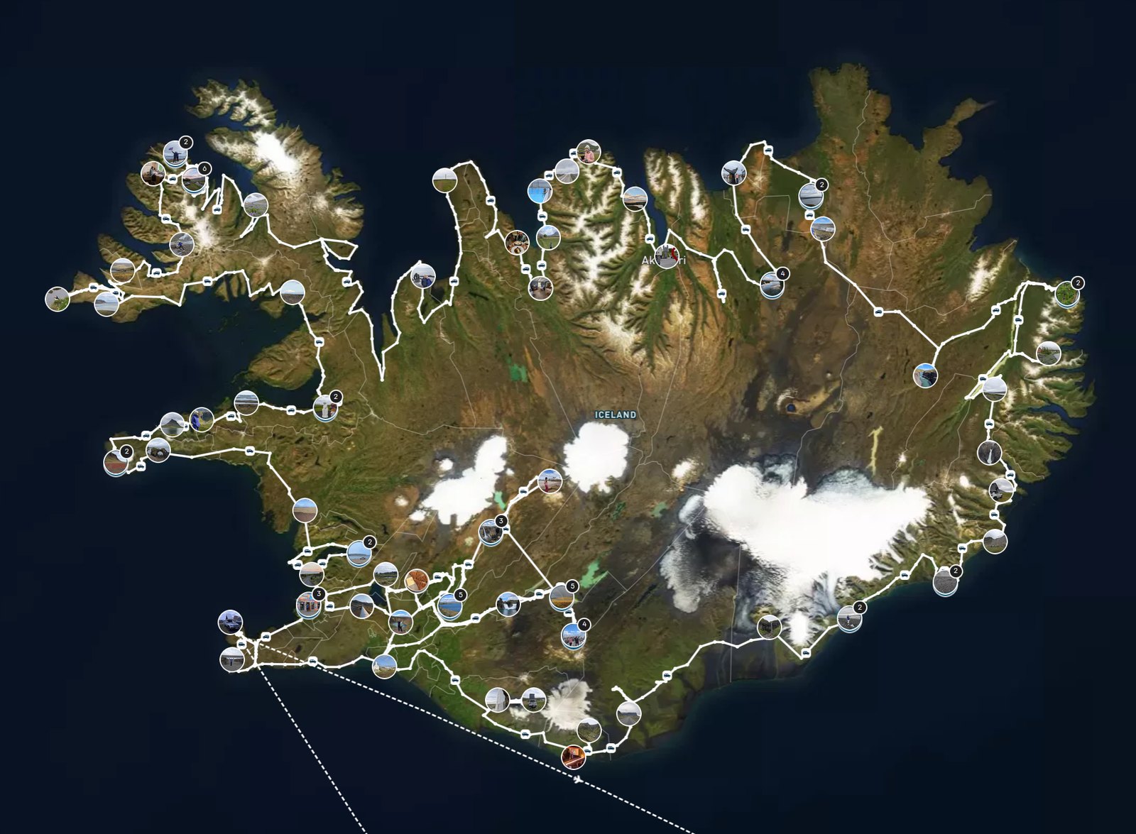 Satellite map of Iceland showing a 5,100 km road trip route around the coast, Westfjords and Highlands