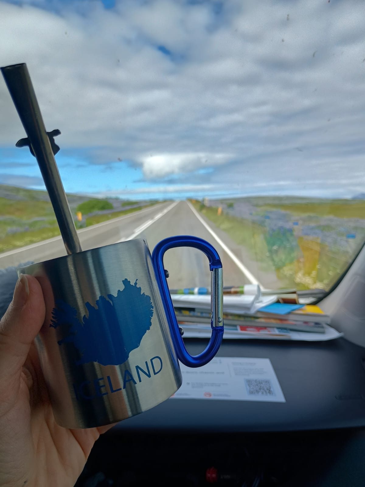 Drinking Argentine mate from an Iceland map mug while driving the camper on an open road